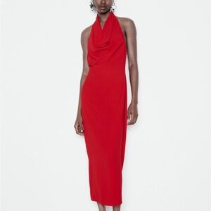Red Halter Cowl Neck Midi Dress